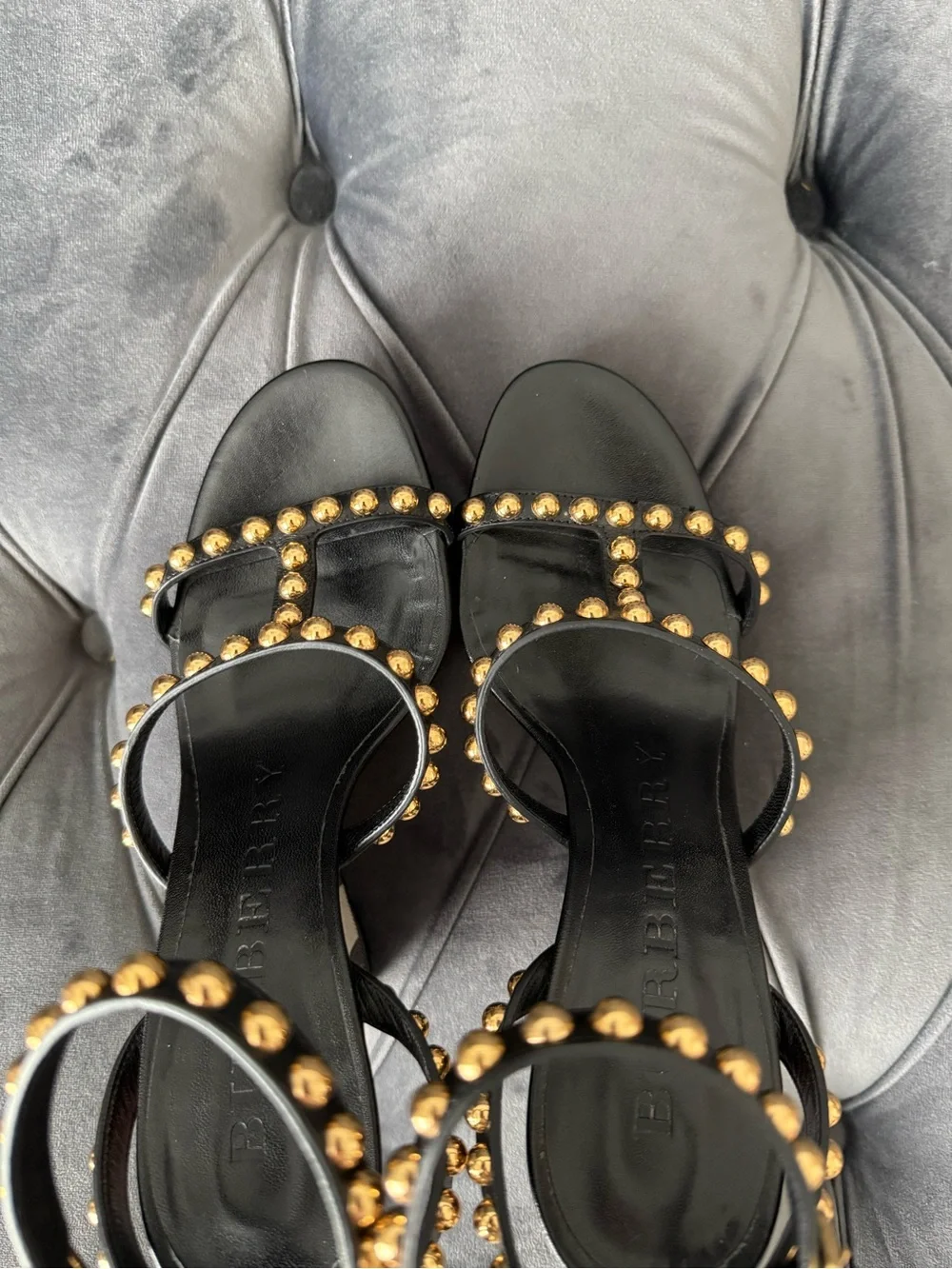 Worn Once! Burberry Black Strappy Studded Check Wedge Sandals